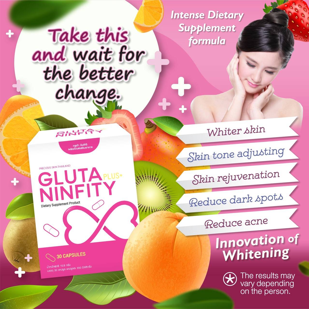 NEW GLUTA NINFITY PLUS+ 900,000 mg (NANO PLUS+) WHITE COLLAGEN Q10 ANTI-AGING AND V-SHAPE FACE STRAWBERRY EXTRACT WHITENING by "www.ccthaitown.com"