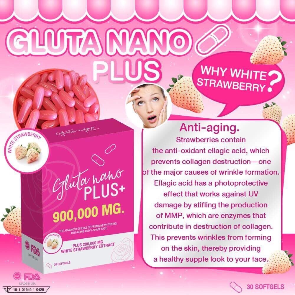 GLUTA NANO PLUS+ 900,000 MG. ANTI-AGING AND V-SHAPE FACE WHITE STRAWBERRY EXTRACT WHITENING