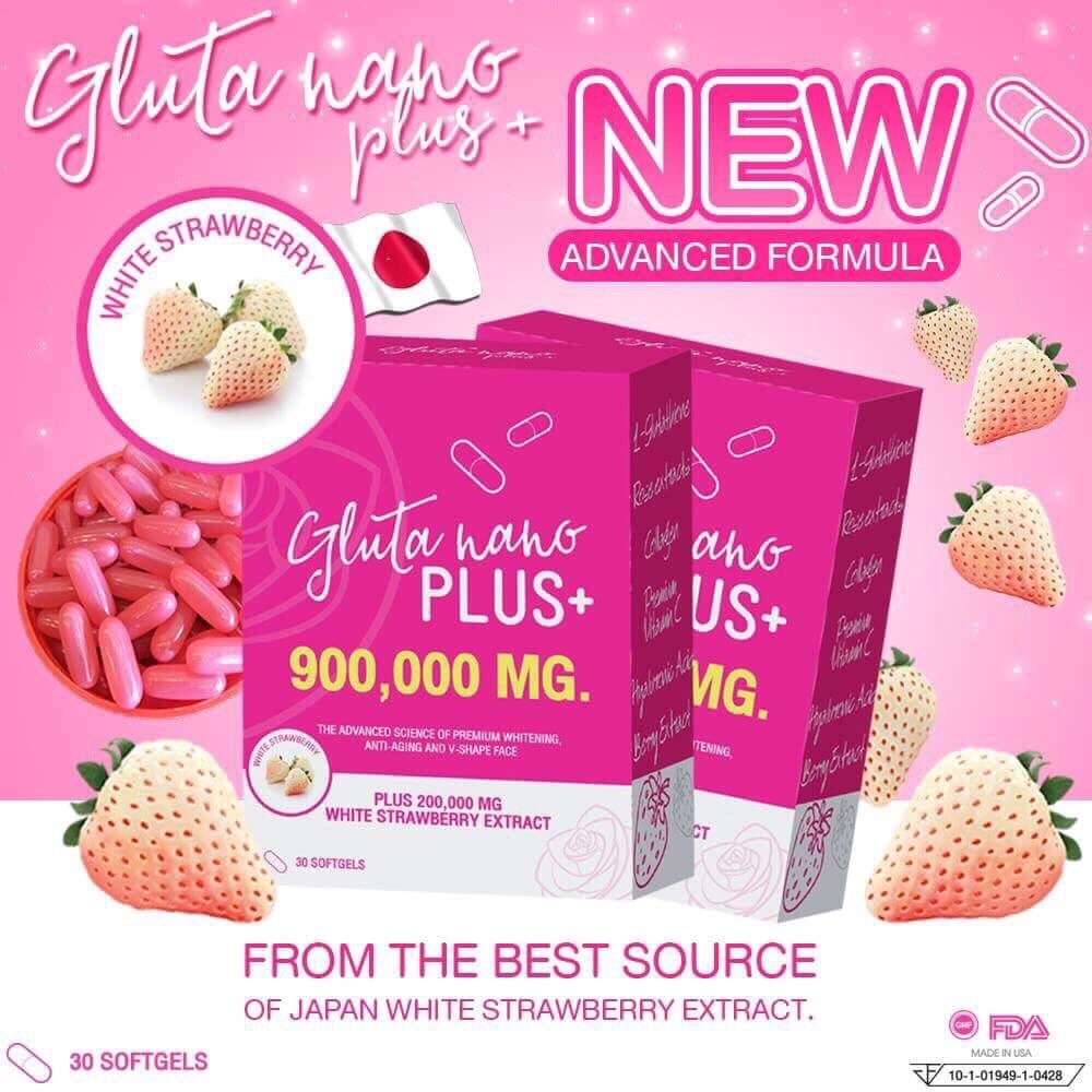 GLUTA NANO PLUS+ 900,000 MG. ANTI-AGING AND V-SHAPE FACE WHITE STRAWBERRY EXTRACT WHITENING
