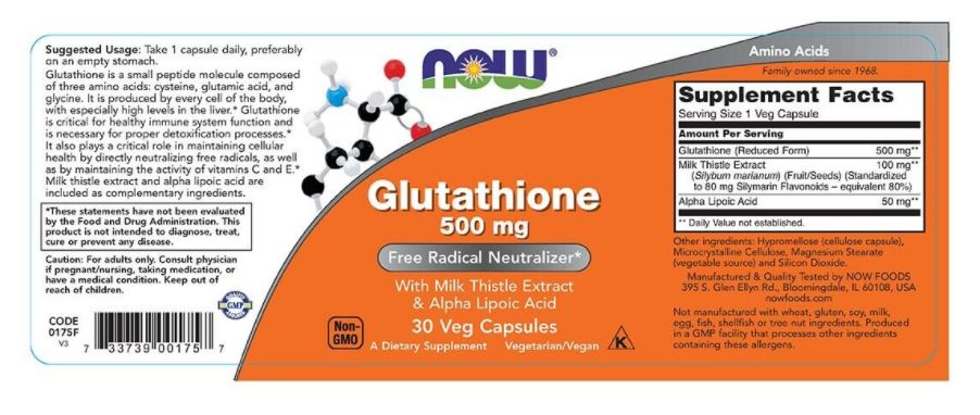 NOW FOODS GLUTATHIONE 500 mg 30 Veg CAPS MADE IN USA by "www.ccthaitown.com"