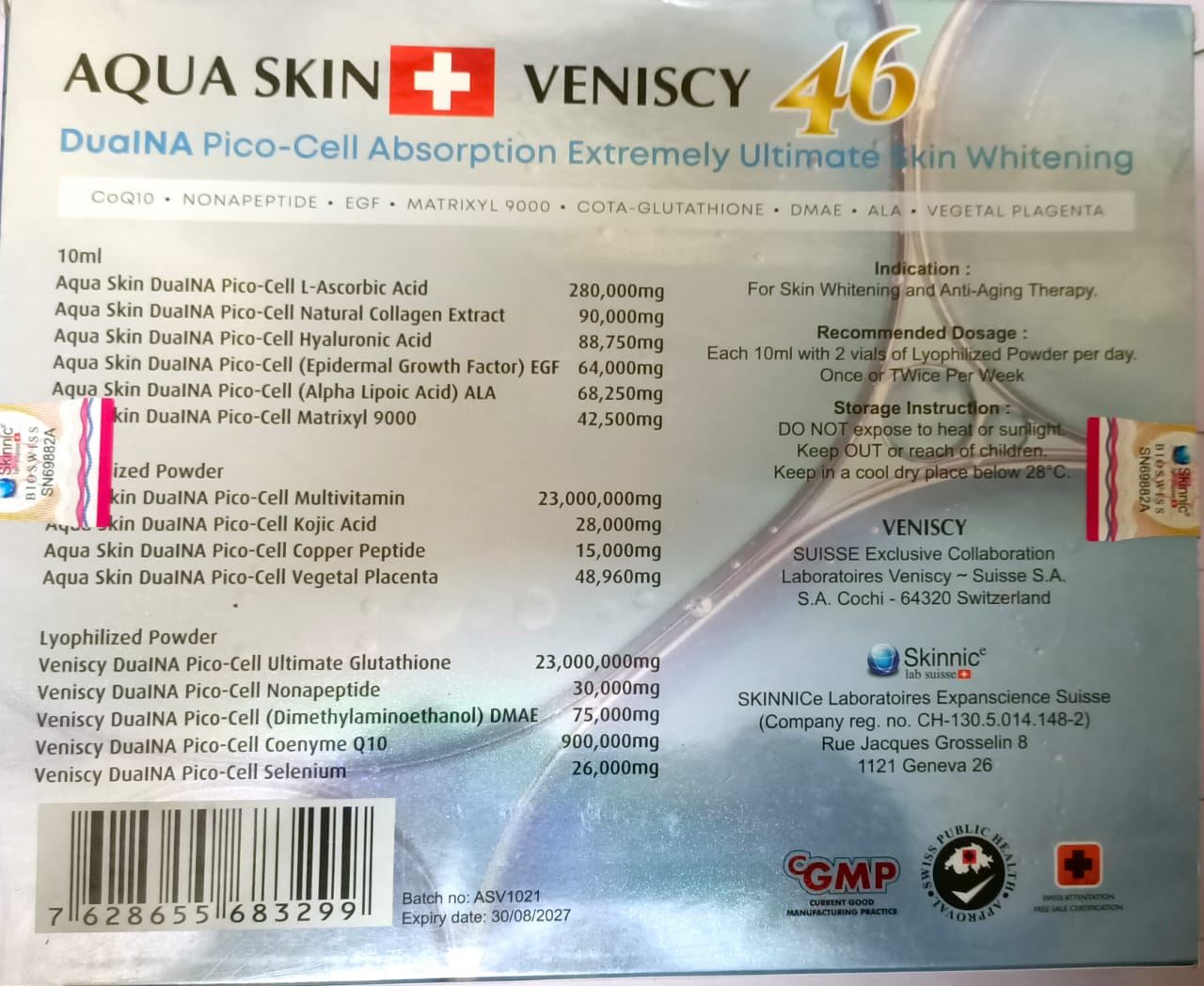 NEW!! AQUA SKIN VENISCY 46 (SWISS) DUALNA PICO-CELL ABSORPTION EXTREMELY ULTIMATE SKIN WHITENING INJECTION by "www.ccthaitown.com"