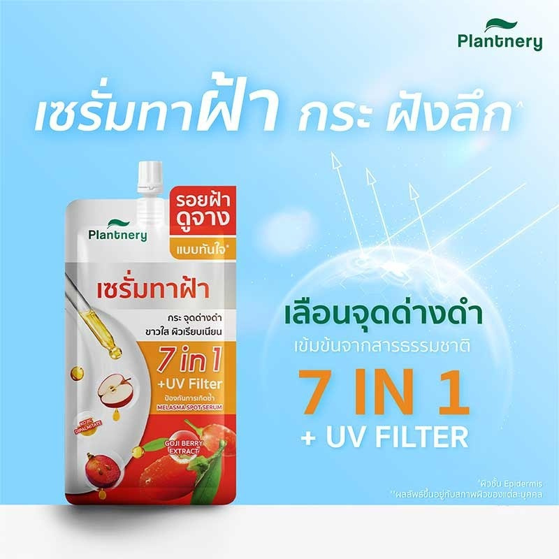 Anyone with melasma, freckles, or dark spots should try Plantnery Goji Kojic Melas Bright Spotless Double Serum 10 ml., a melasma serum available. It features 7-in-1 technology